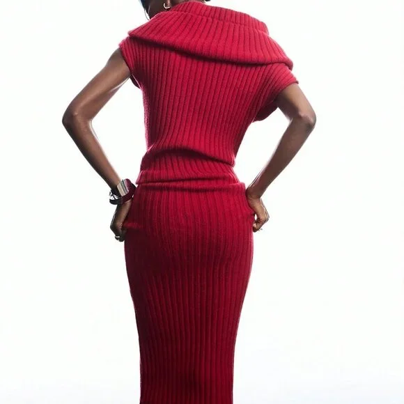 Red Elegant Women's Asymmetric One-Shoulder Knit Cowl Neck Dress - Picture 2 of 7